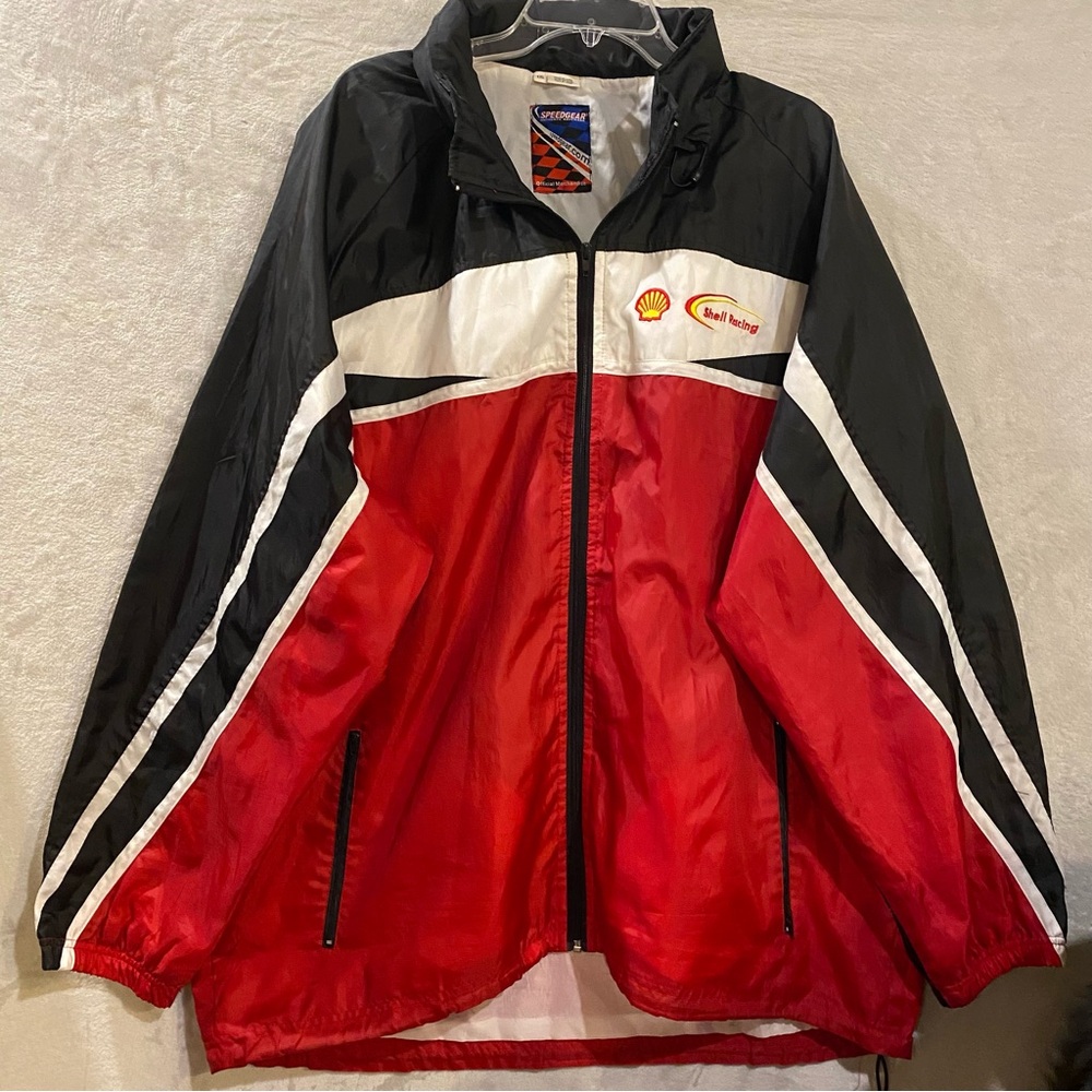 Vintage Shell Racing Jacket Men’s 2XL Red Zip Windbreaker Lined Gasoline Cars